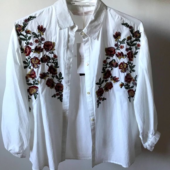 Zara Trafaluc Collection White Mid-length Sleeve Blouse With Floral Details - Picture 1 of 2